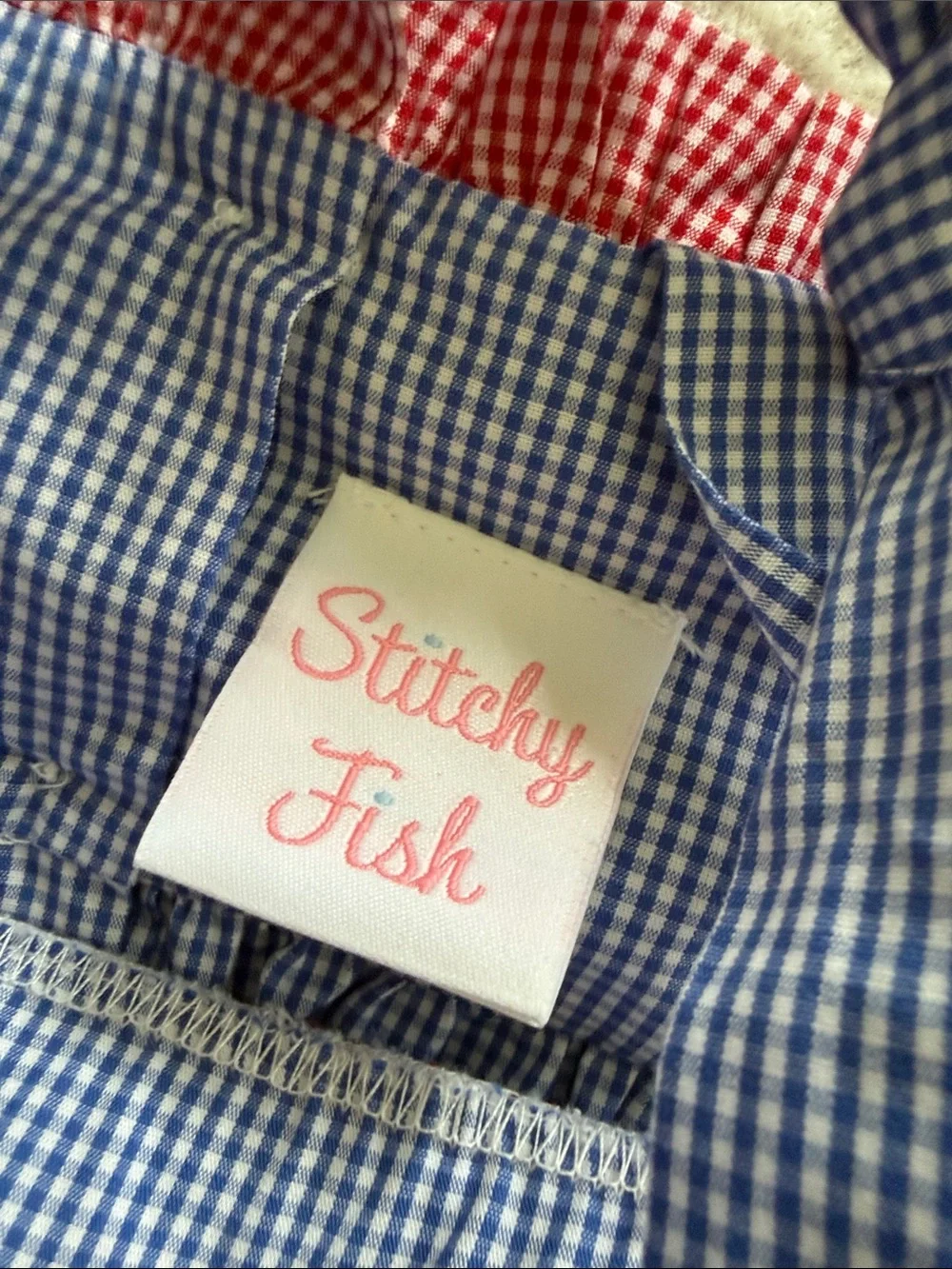 Sticky Fish USA Flag Smocked Blue Gingham Bubble Rompers Set - Size 9 months
